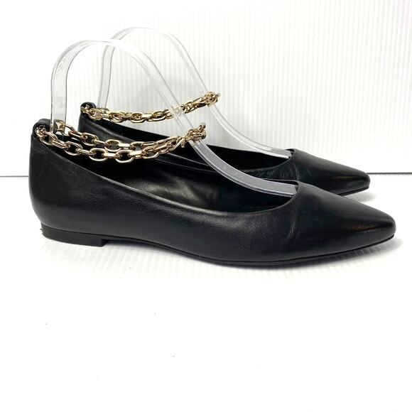 Women's Antonio Melani Ankle Chain Strap Pointed Toe Flats Black Leather 7 M - Picture 2 of 8